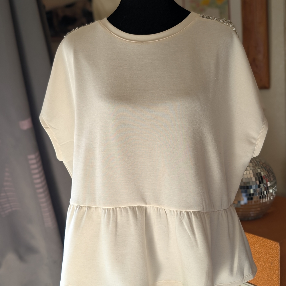 Cupio Cream Peplum Top with Pearl-Trim Shoulders